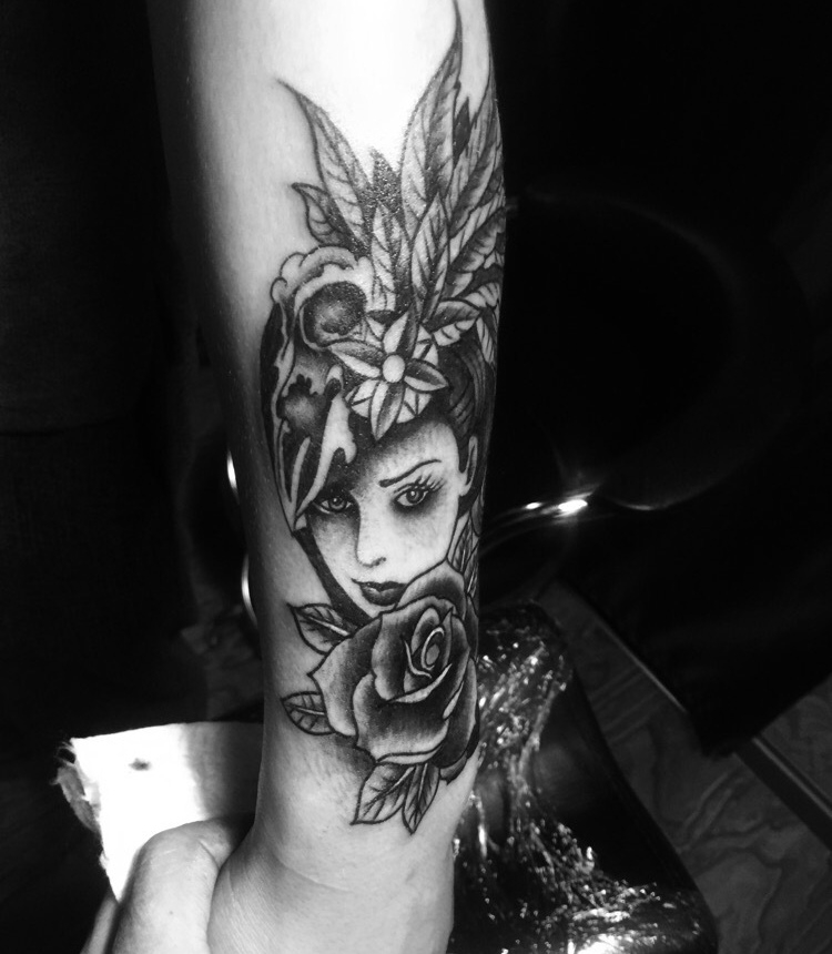 手臂黑白玫瑰美女纹身图案