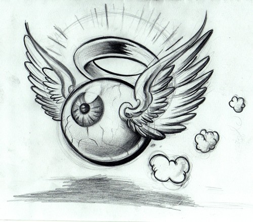 3d眼睛翅膀纹身图案手稿